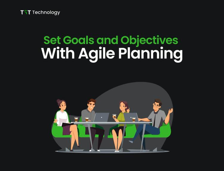 Four people sitting at a table working on laptops with the text 'Set Goals and Objectives With Agile Planning' above them.